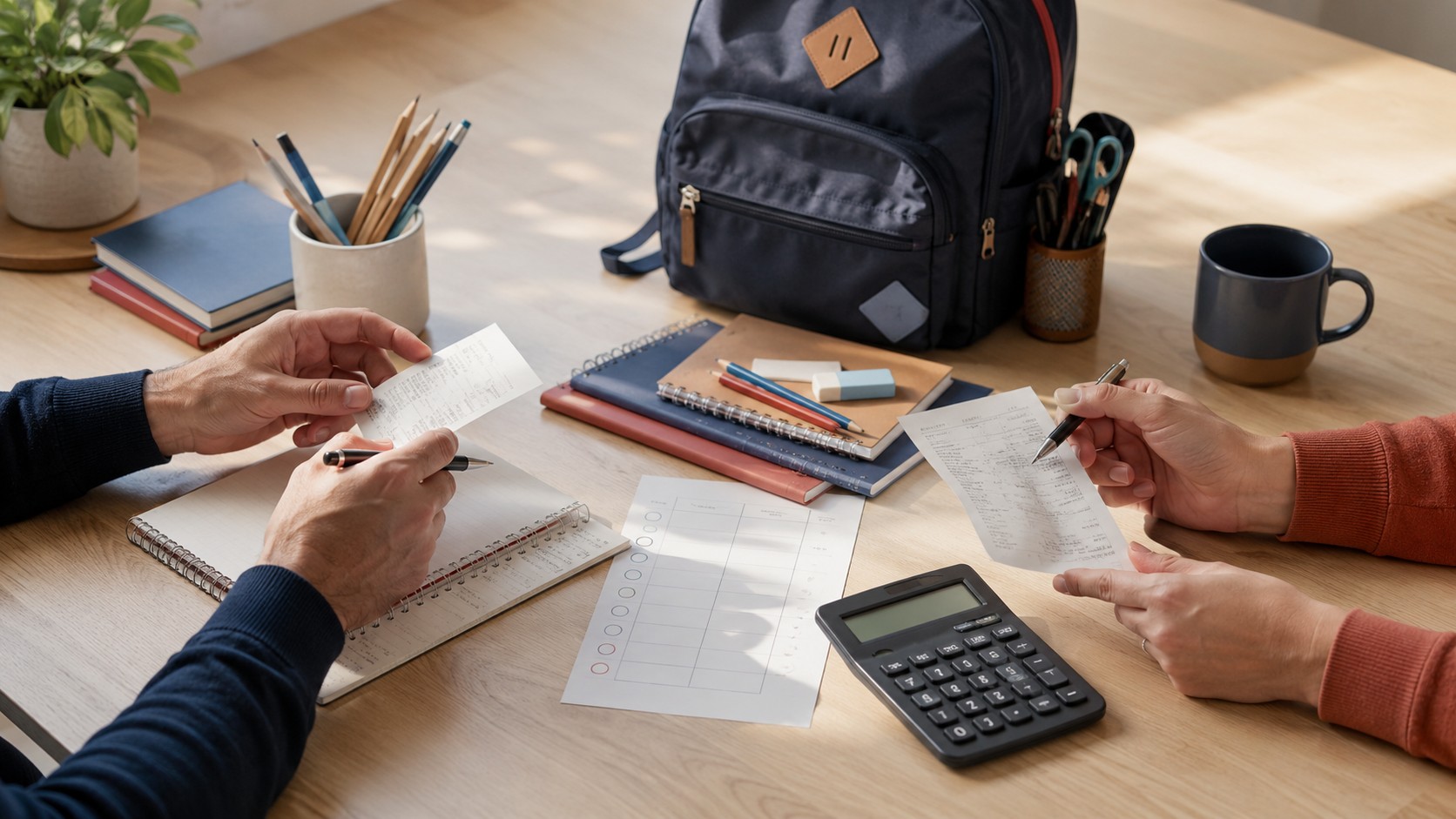 Progenitores separados revisando recibos y gastos escolares del inicio de curso